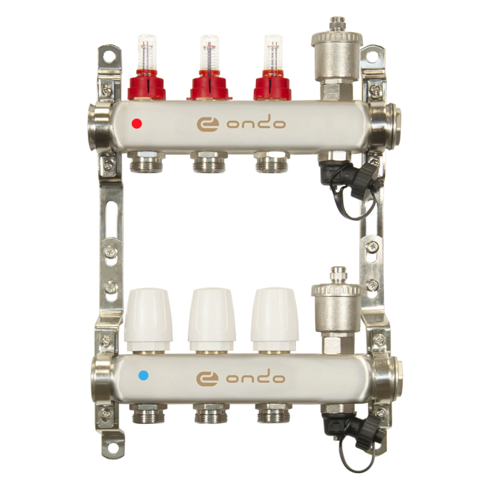 Коллекторная группа на 3 выхода с расходомерами, автоматическим воздухоотводчиком и сливом / ONDO фото на multiBOX
