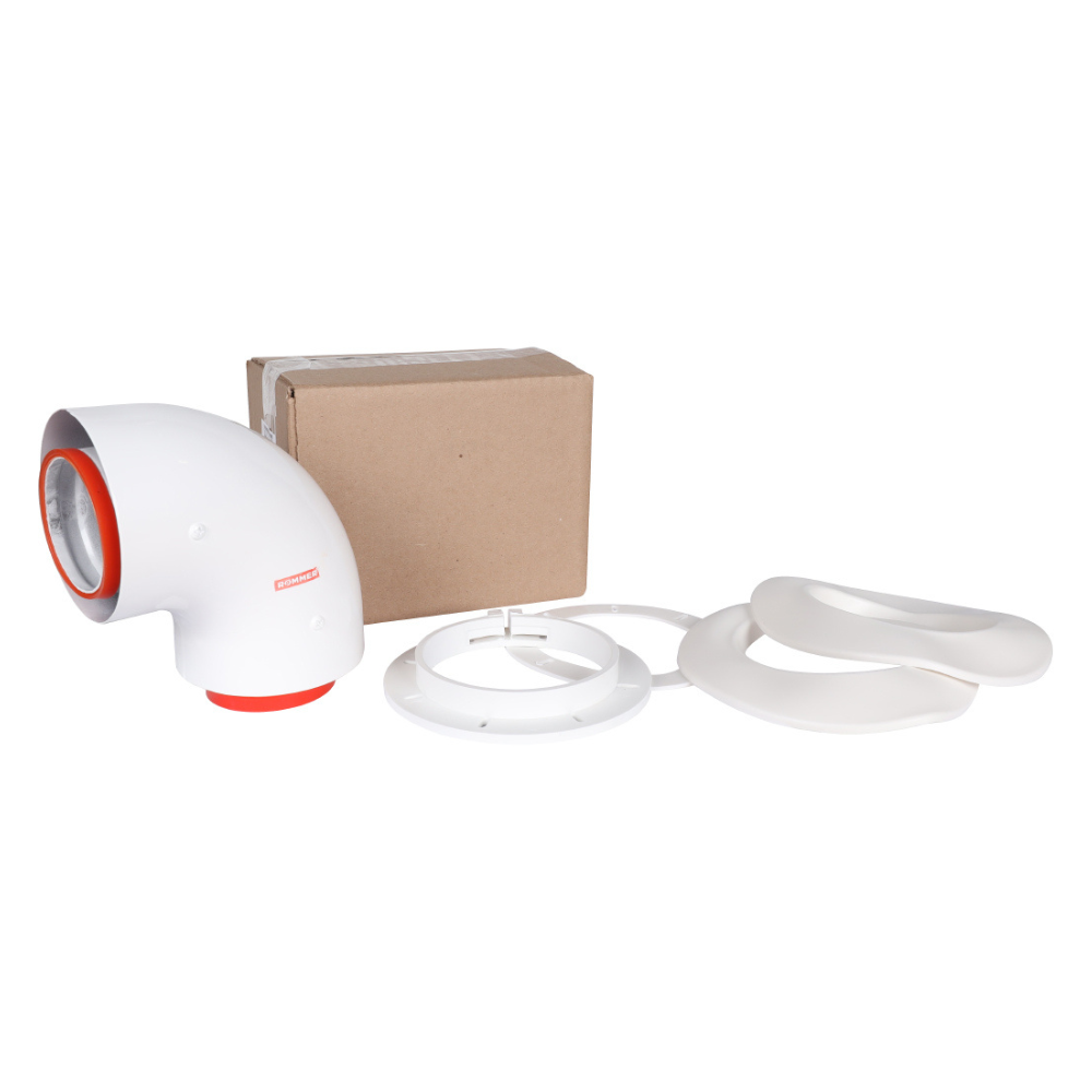 Начальный участок D60/100 угол 90 гр. для котлов Bosch, Buderus, Navien S/C/E, Baxi ECO Nova/Classic, Baltur, Лемакс, Fondital (в комплекте фланец) / Rommer фото на multiBOX