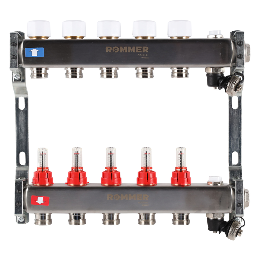 Коллектор из нерж. стали 5 выходов с расходомерами, с клапаном вып. воздуха и сливом / Rommer фото на multiBOX