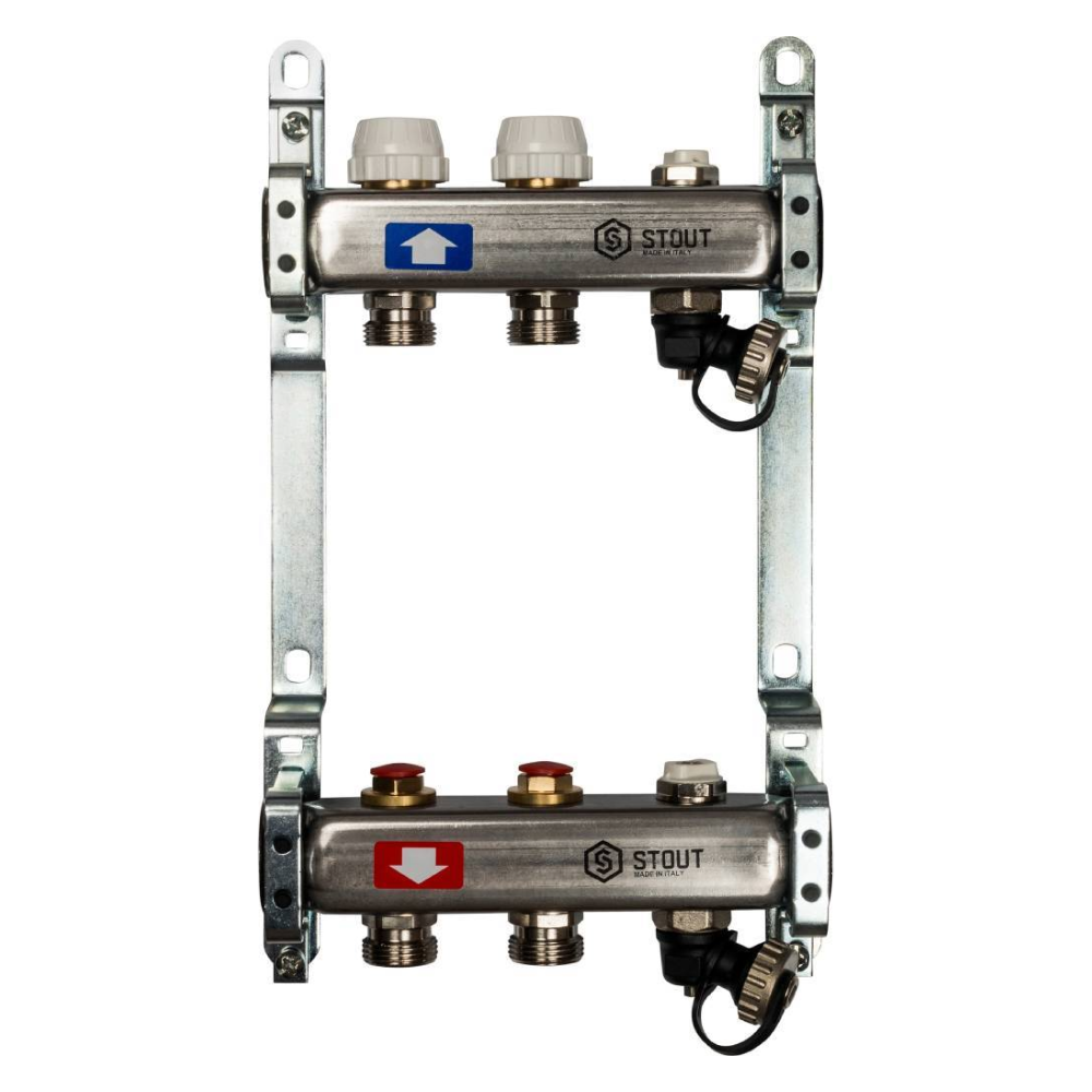 Коллектор из нерж. стали 2 выхода без расходомеров, с клапаном вып. воздуха и сливом / Stout фото на multiBOX