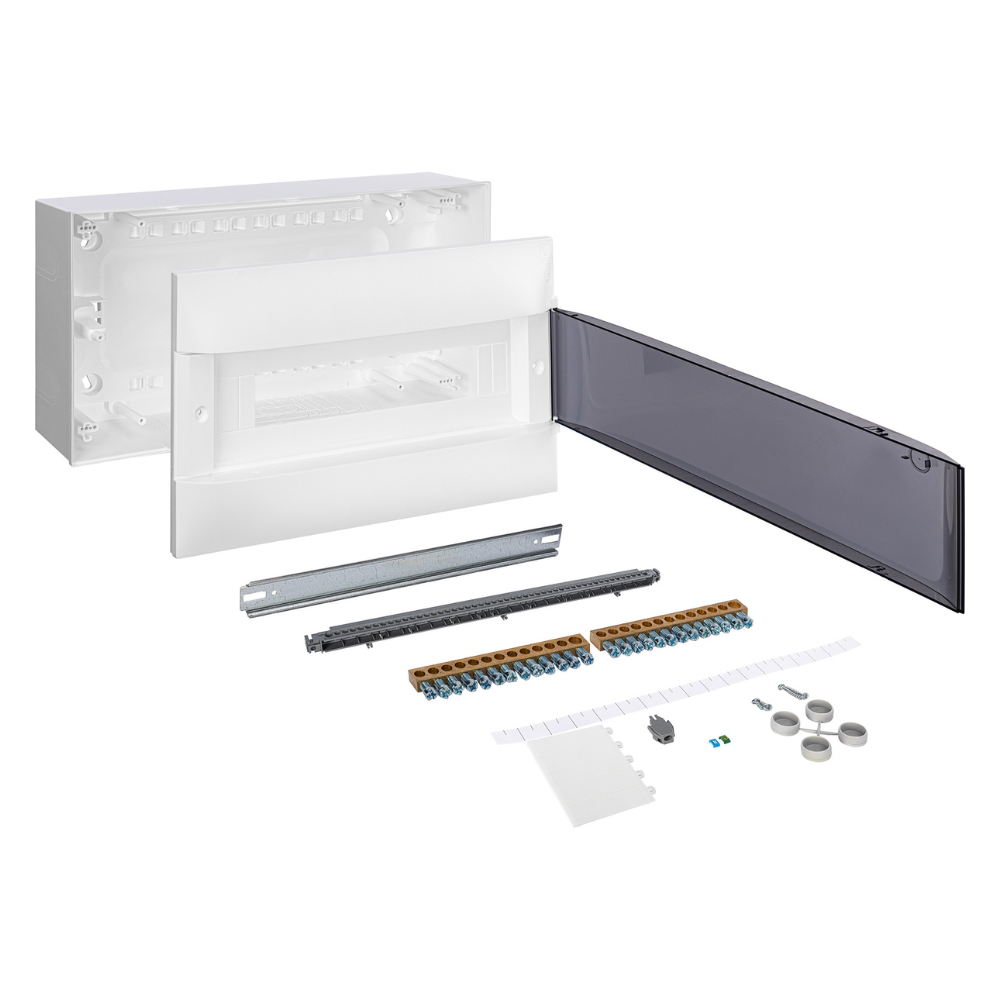 Щиток накладной PRACTIBOX S 18M / 1x18, прозрачная дым. дверь, N+PE, IP40 / Legrand фото на multiBOX