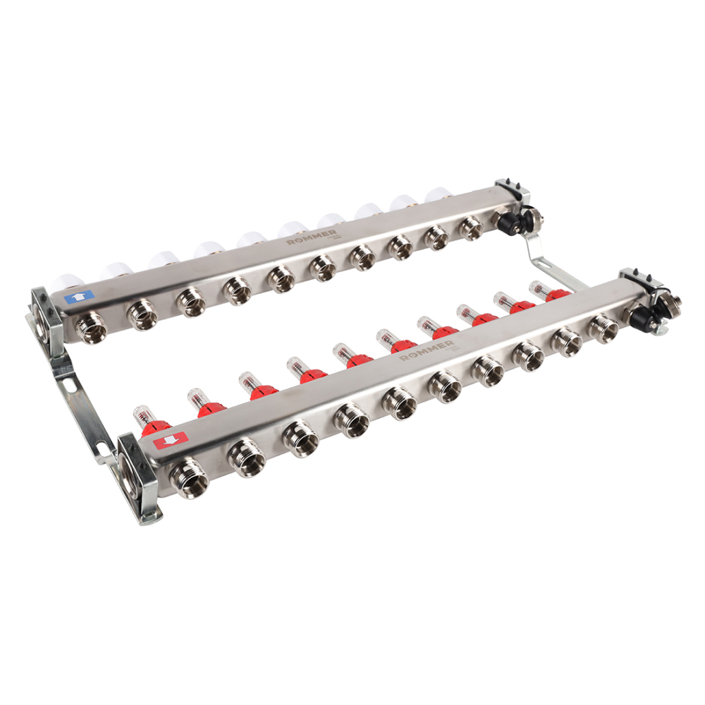 Коллектор из нерж. стали 10 выходов с расходомерами, с клапаном вып. воздуха и сливом / Rommer фото на multiBOX