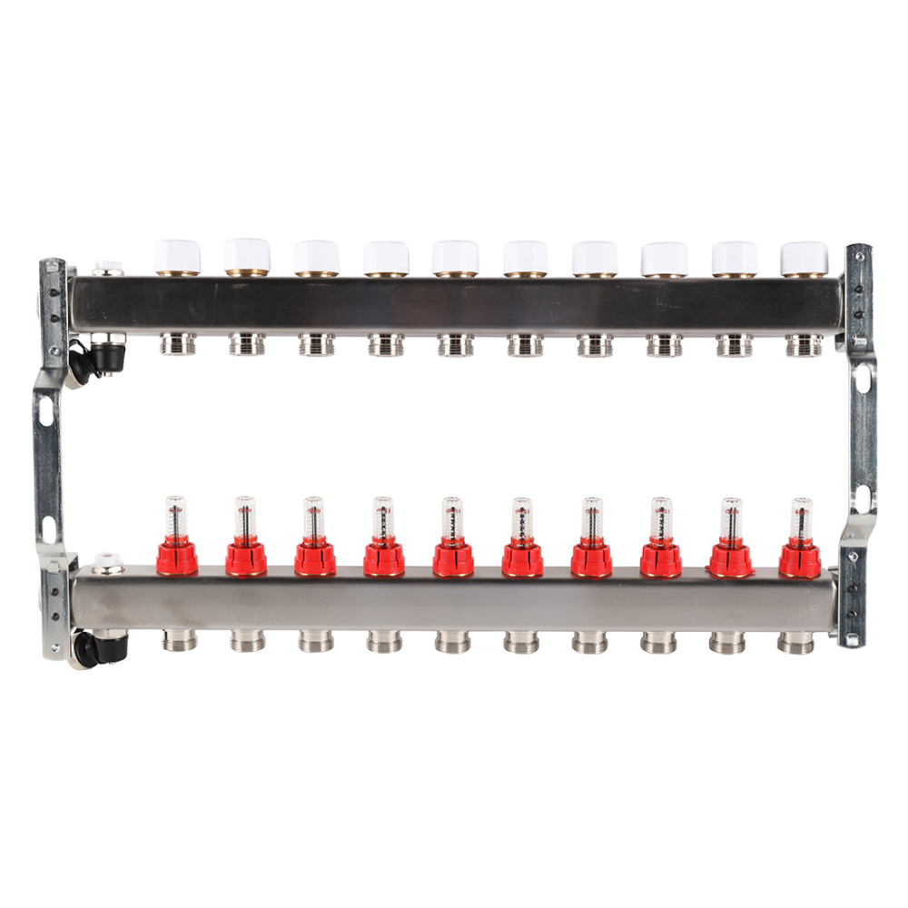 Коллектор из нерж. стали 10 выходов с расходомерами, с клапаном вып. воздуха и сливом / Rommer фото на multiBOX