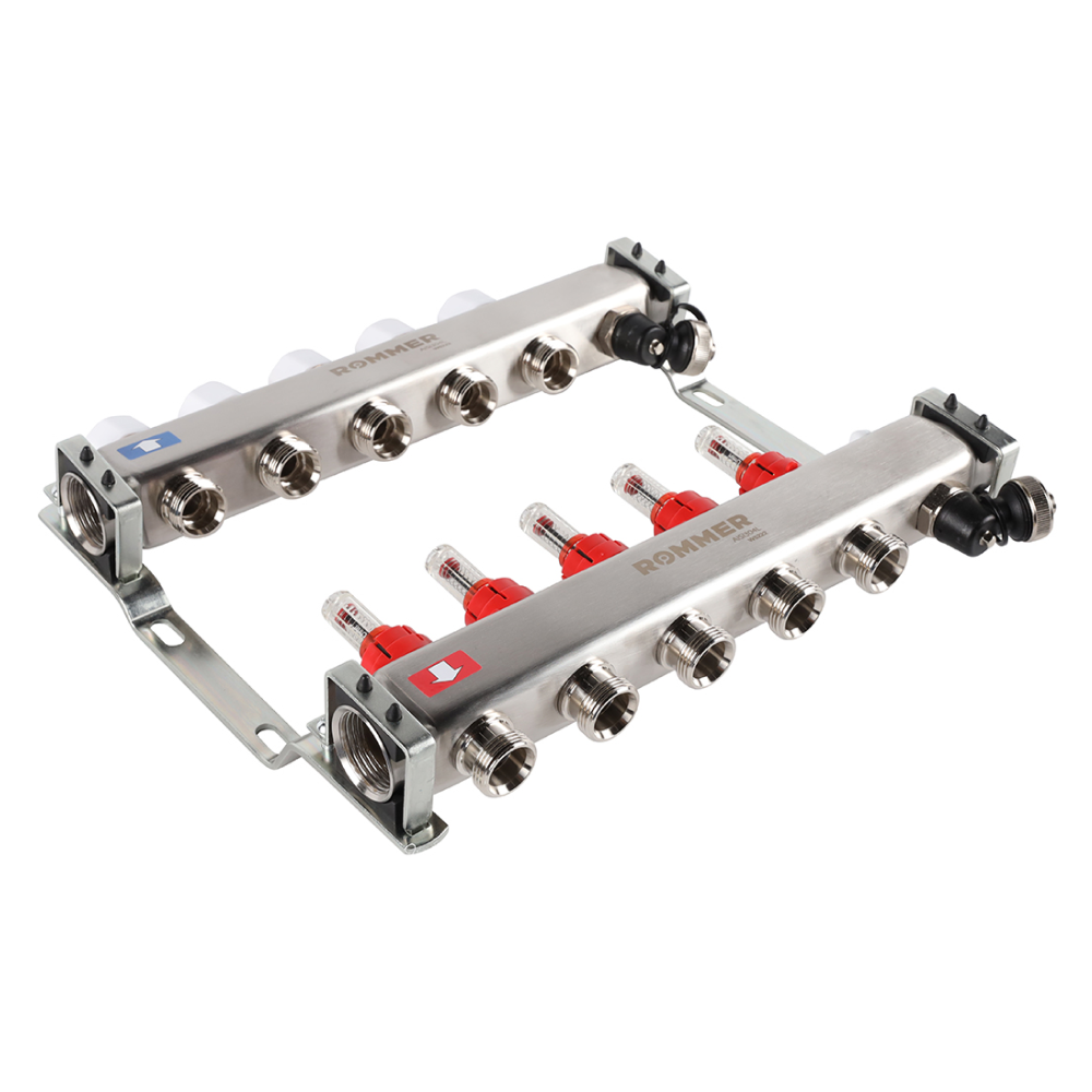Коллектор из нерж. стали 5 выходов с расходомерами, с клапаном вып. воздуха и сливом / Rommer фото на multiBOX