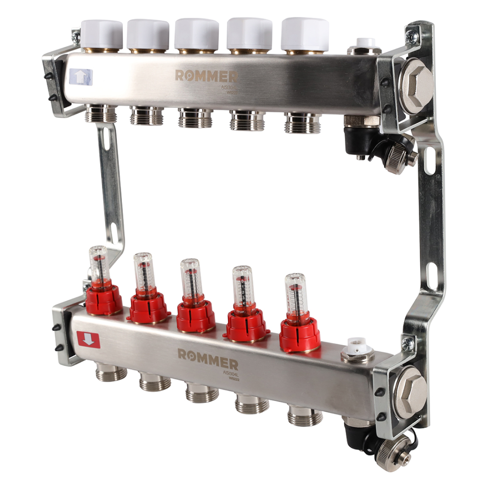 Коллектор из нерж. стали 5 выходов с расходомерами, с клапаном вып. воздуха и сливом / Rommer фото на multiBOX