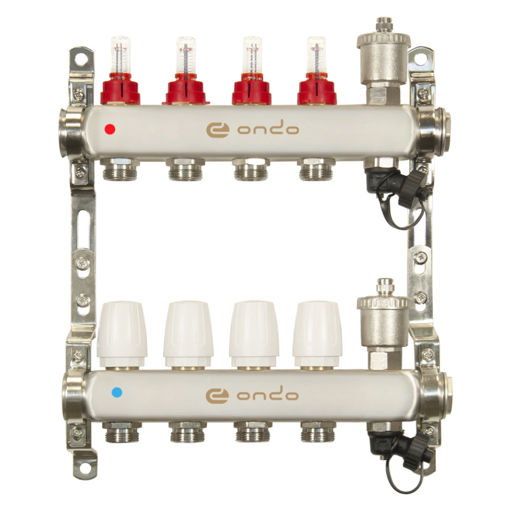 Коллекторная группа на 4 выхода с расходомерами, автоматическим воздухоотводчиком и сливом / ONDO фото на multiBOX