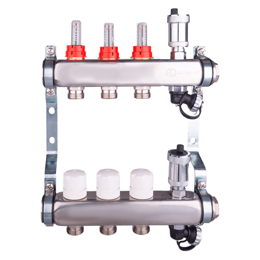Коллекторная группа 1" х 3 х 3/4" с расходомерами, автоматическим воздухоотводчиком и сливом / Aqualink фото на multiBOX
