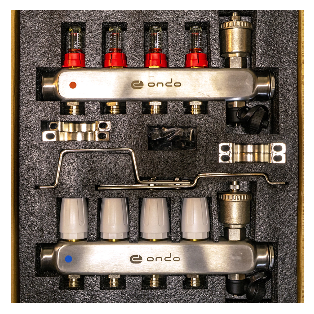 Коллекторная группа на 4 выхода с расходомерами, автоматическим воздухоотводчиком и сливом / ONDO фото на multiBOX