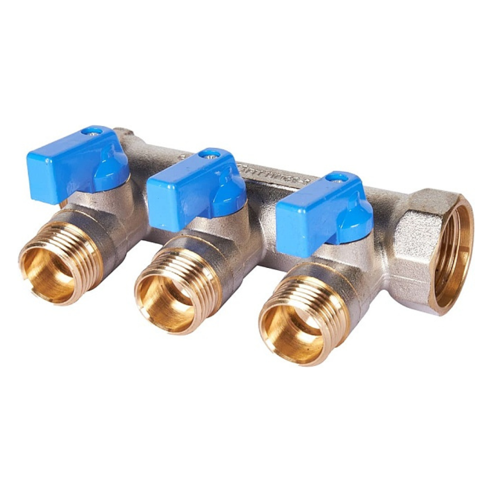 Коллектор с шаровыми кранами 3/4", 3 отвода 1/2" синие ручки (6200R6N0504B3B) / Stout фото на multiBOX