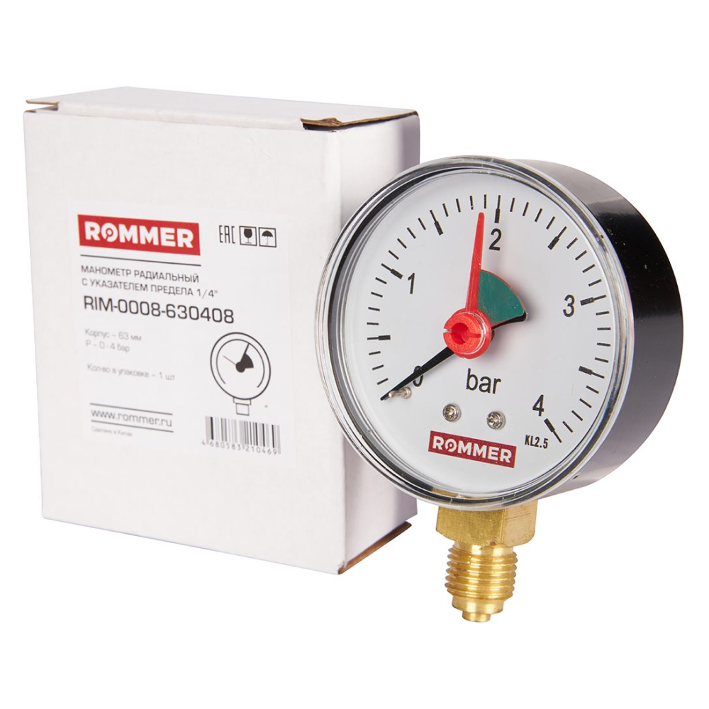Манометр радиальный DN 63 мм 1/4", 0...4 бар, кл. 2.5 с указателем предела / Rommer фото на multiBOX