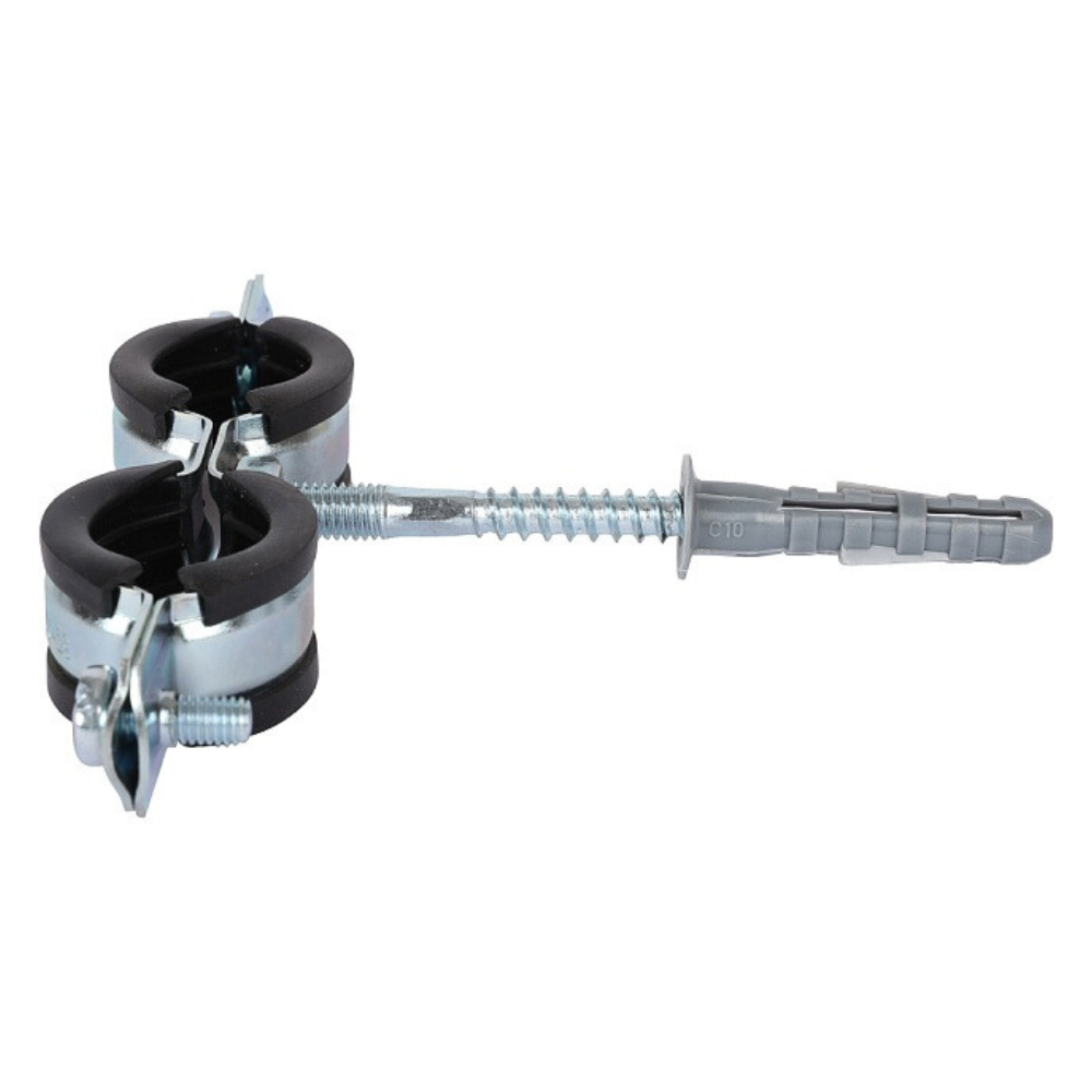 Двойной хомут для труб 3/4" (25-29) комплект: хомут, шпилька шуруп, дюбель пластиковый / Stout фото на multiBOX