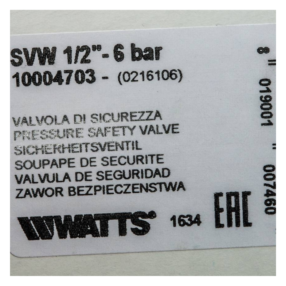 Предохранительный клапан 6 бар SVW 6 х 1/2" для систем водоснабжения / Watts фото на multiBOX