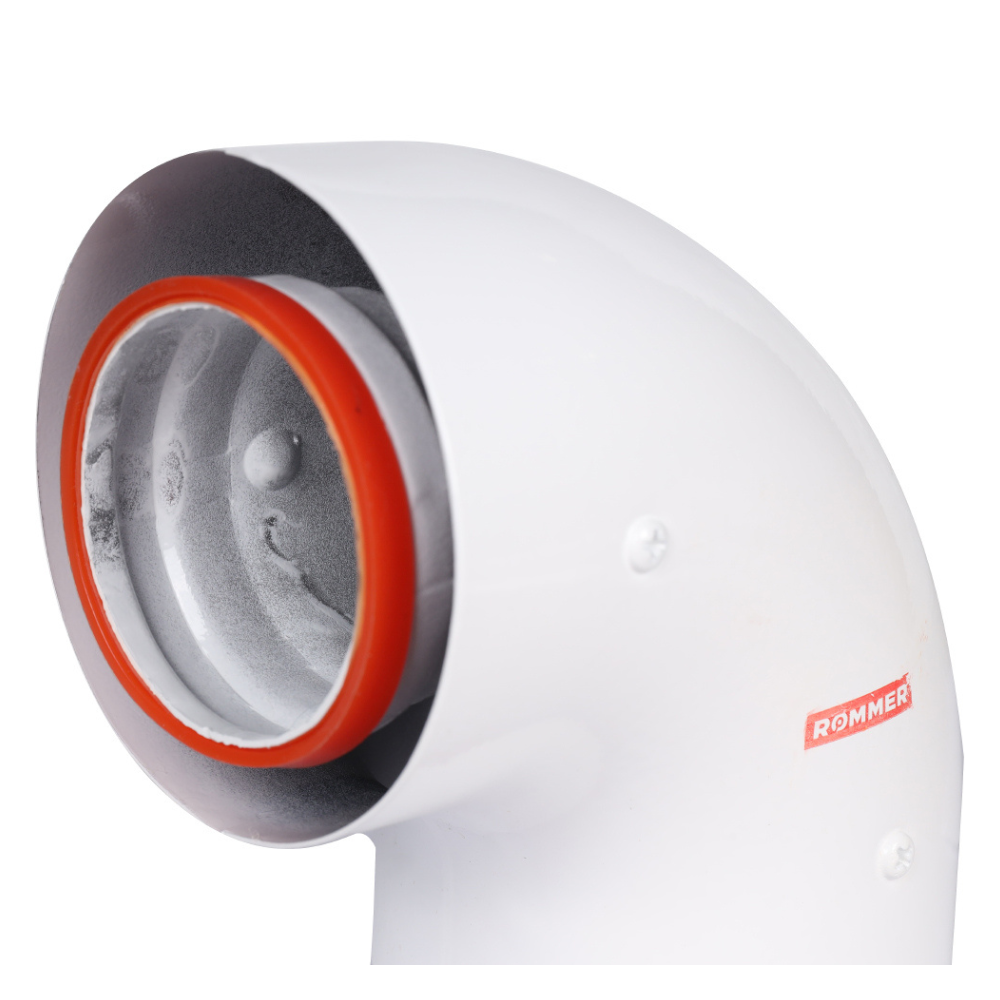 Начальный участок D60/100 угол 90 гр. для котлов Bosch, Buderus, Navien S/C/E, Baxi ECO Nova/Classic, Baltur, Лемакс, Fondital (в комплекте фланец) / Rommer фото на multiBOX