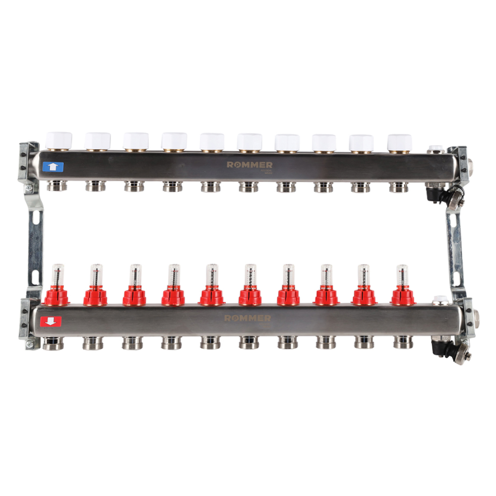 Коллектор из нерж. стали 10 выходов с расходомерами, с клапаном вып. воздуха и сливом / Rommer фото на multiBOX