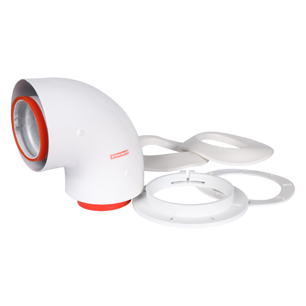 Начальный участок D60/100 угол 90 гр. для котлов Bosch, Buderus, Navien S/C/E, Baxi ECO Nova/Classic, Baltur, Лемакс, Fondital (в комплекте фланец) / Rommer фото на multiBOX