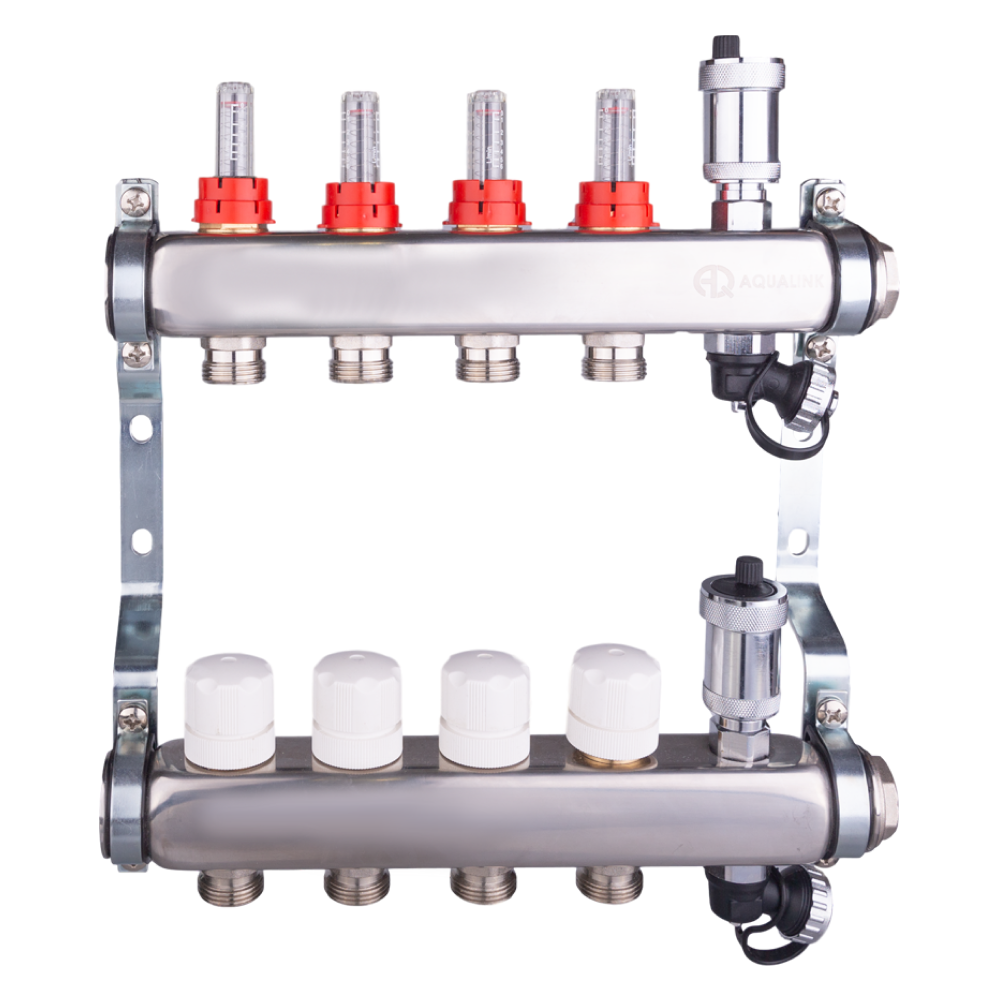 Коллекторная группа 1" х 4 х 3/4" с расходомерами, автоматическим воздухоотводчиком и сливом / Aqualink фото на multiBOX