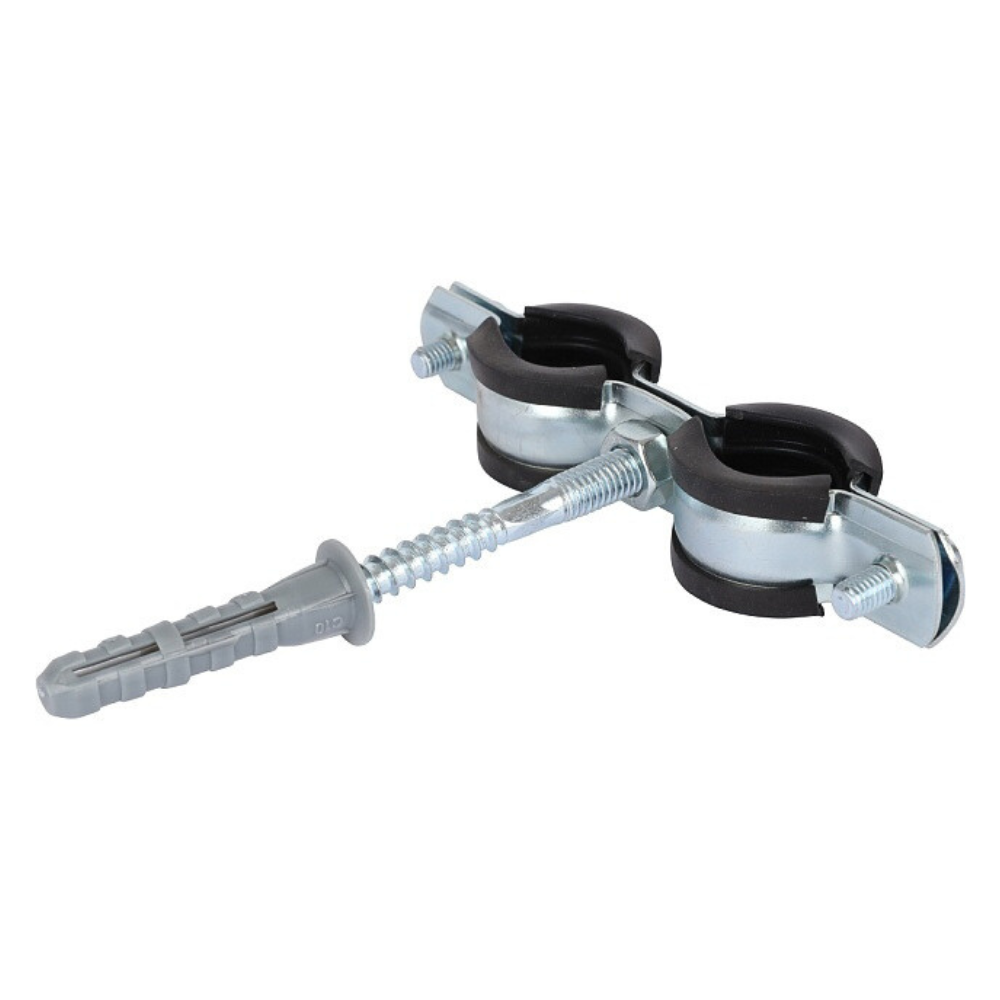 Двойной хомут для труб 1/2" (20-24) комплект: хомут, шпилька шуруп, дюбель пластиковый / Stout фото на multiBOX