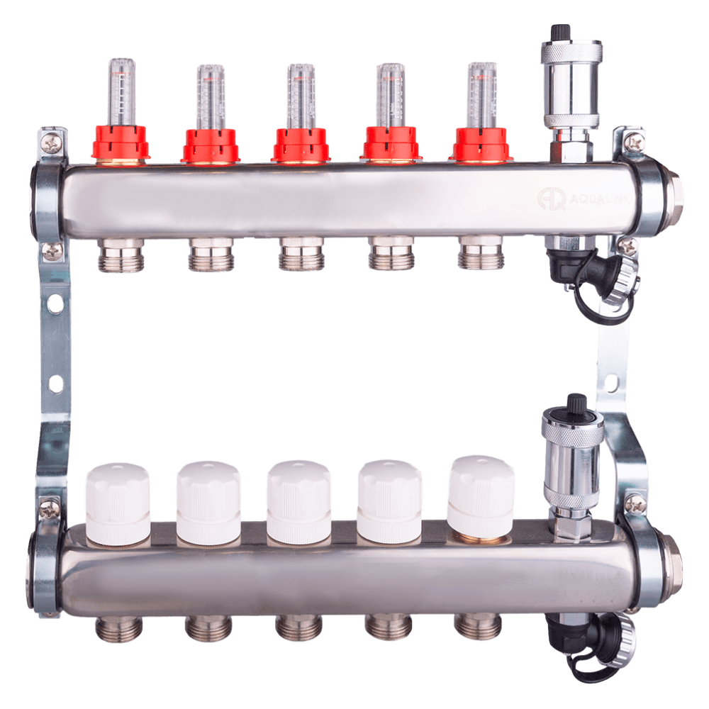Коллекторная группа 1" х 5 х 3/4" с расходомерами, автоматическим воздухоотводчиком и сливом / Aqualink фото на multiBOX